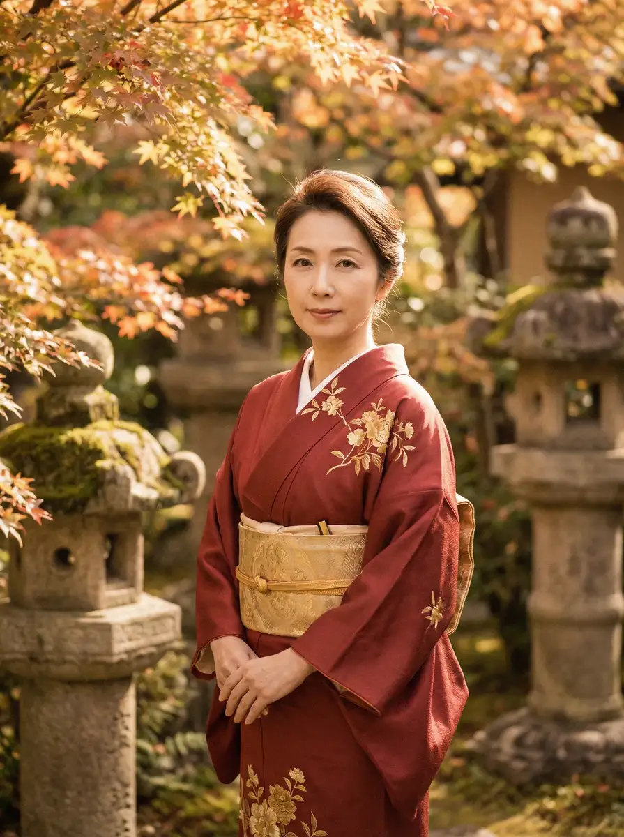 一位身穿暗红色和服的优雅 桥本环奈 在日式庭院中