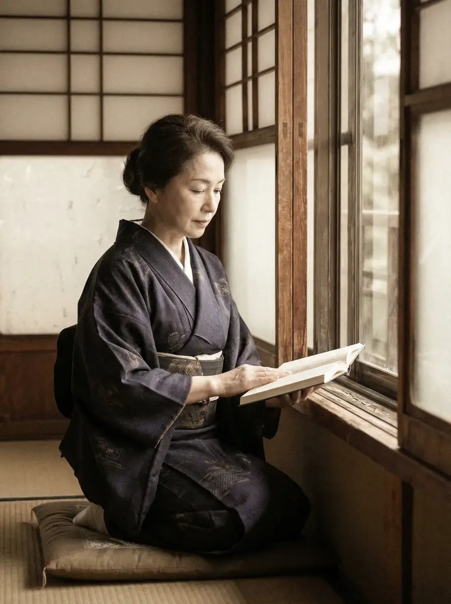 一位优雅的五十岁 桥本环奈 身穿深蓝色和服，在窗边静读