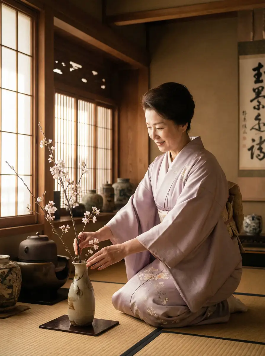 一位优雅的 桥本环奈 在和室中插花