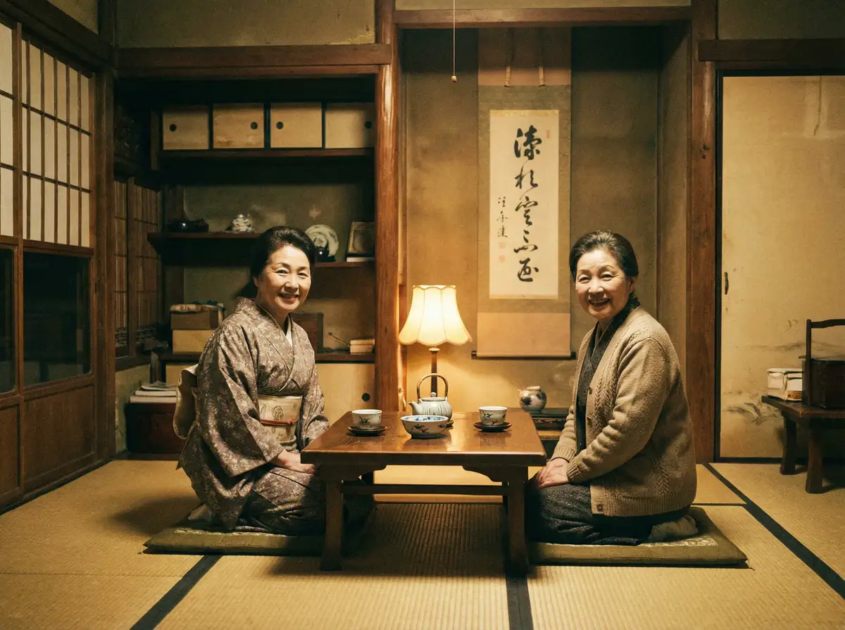 两位优雅的 桥本环奈 在日式茶室中品茶交谈